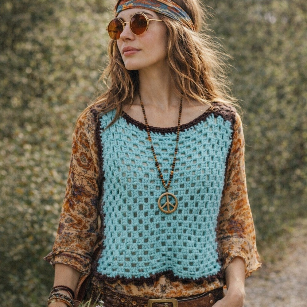 Vintage‎ Crochet Granny Vest Tank Blue Brown Trim Handmade Sleeveless